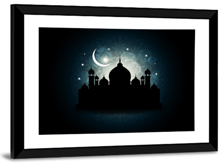 Mosque Silhouette with Crescent Moon Wall Art as a framed print