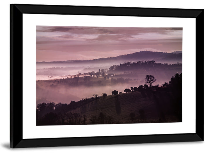 Misty Lavender Hills Wall Art as a framed print