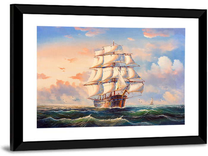 Tall Ship at Golden Sunset Wall Art as a framed print