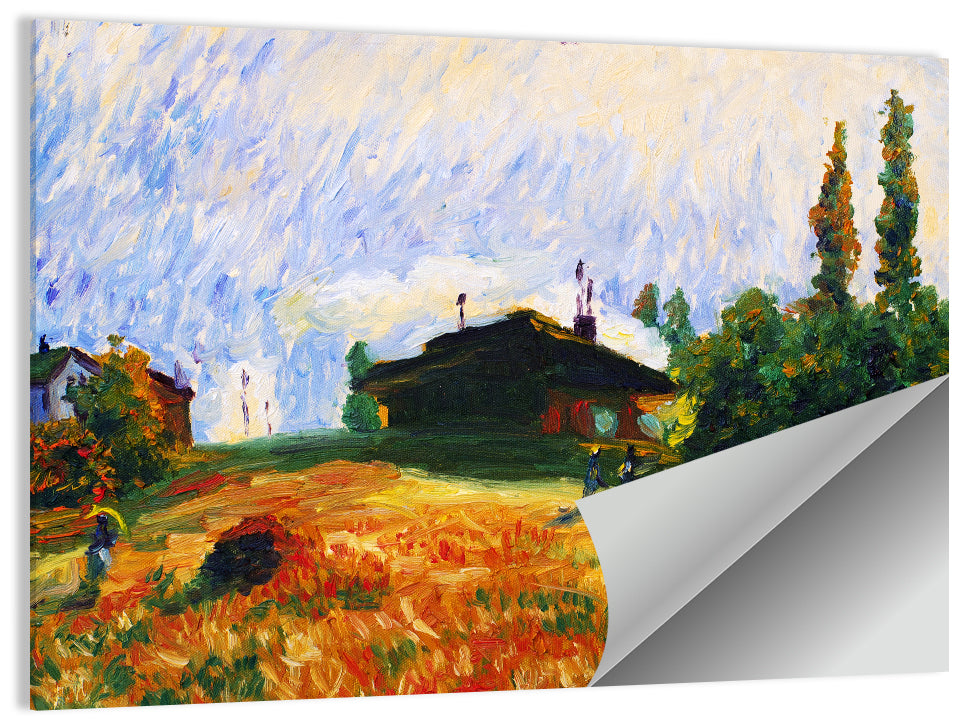 Sunlit Village Field Illustration Wall Art
