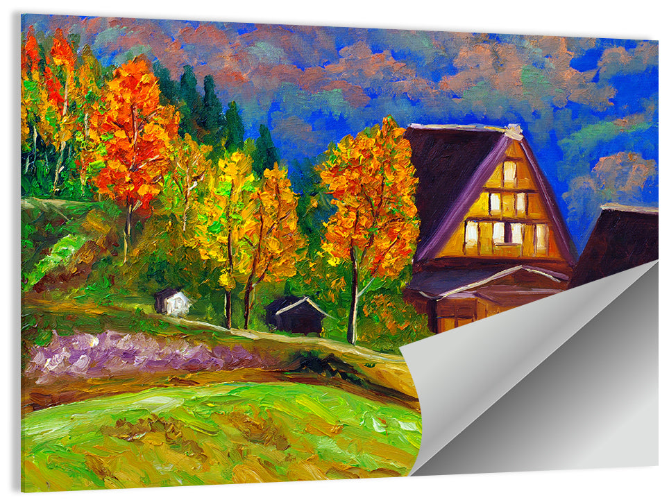Thatched Cottage Autumn Illustration Wall Art