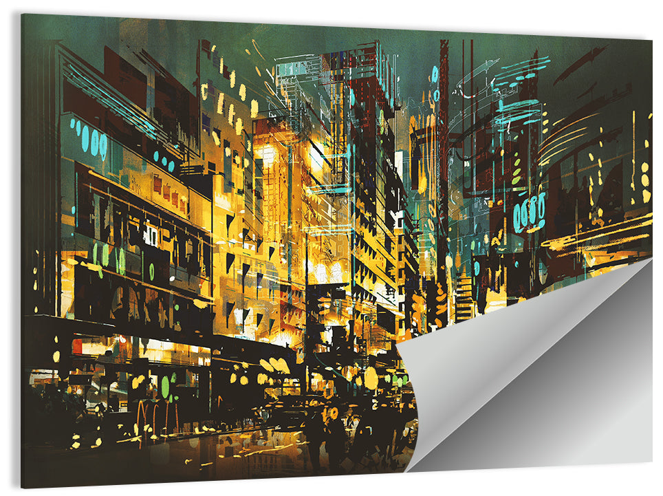 Nocturnal City Street with Golden Lights Wall Art