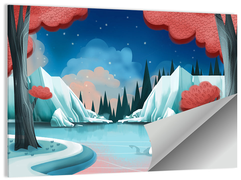 Swan Lake Twilight Illustration Wall Art