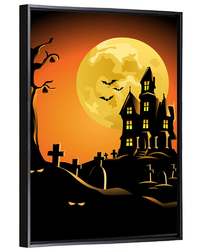 Haunted House Under Full Moon Wall Art as a framed canvas