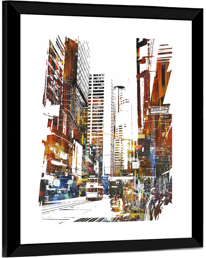 Urban Street with Double-decker Bus Wall Art as a framed print