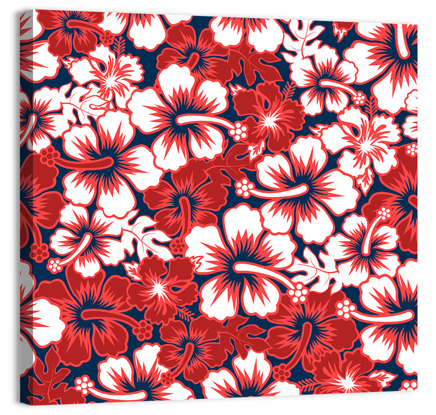 Red Tropical Hibiscus Pattern Wall Art, canvas print, square