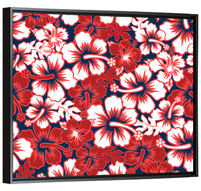 Red Tropical Hibiscus Pattern Wall Art as a framed canvas
