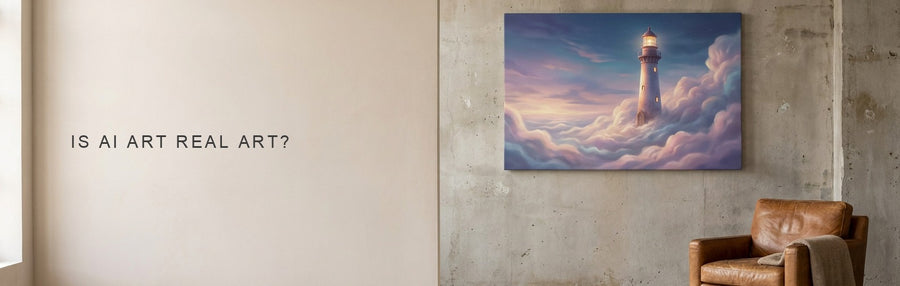 Is AI art real art: a modern loft with concrete walls and a leather chair beneath a surreal digital painting of a lighthouse in a sea of clouds