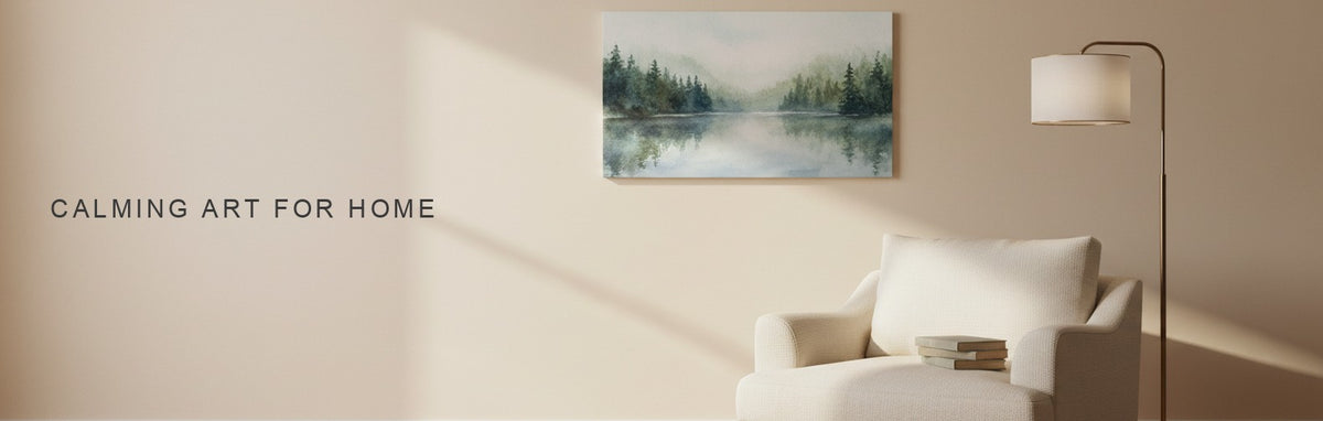 Calming art in a quiet reading corner with an armchair and floor lamp, a soft watercolor of a forest lake in mist on the wall