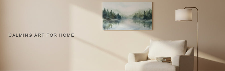 Calming art in a quiet reading corner with an armchair and floor lamp, a soft watercolor of a forest lake in mist on the wall
