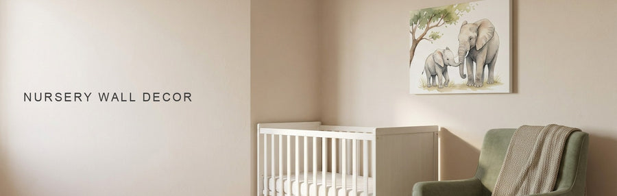 Nursery wall decor in a small calm room: a soft watercolor of a baby elephant and its mother near a white crib and sage green armchair