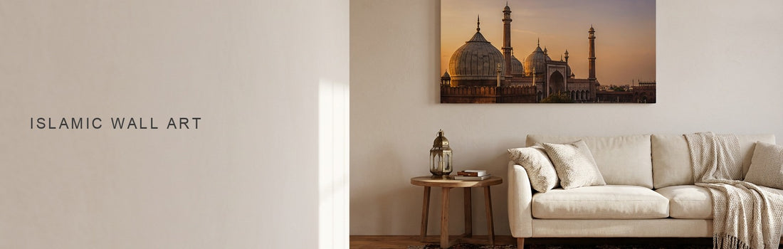 Islamic wall art: a serene living room with a low cream sofa, a brass lantern and a mosque at golden hour on a canvas above it