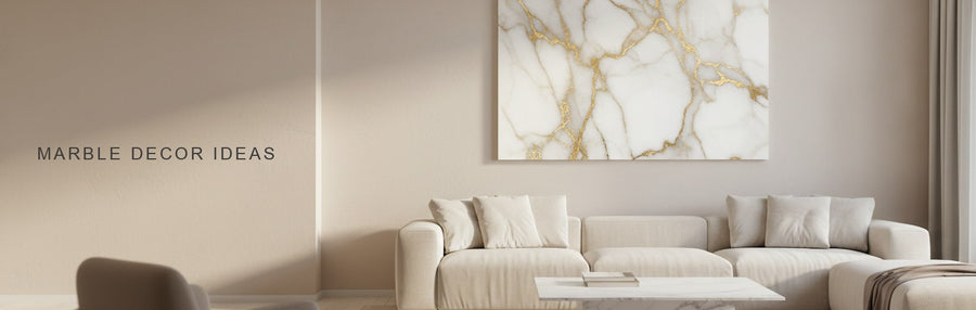 Marble decor in a living room: a white marble coffee table with a tray beneath a white and gold marble abstract canvas