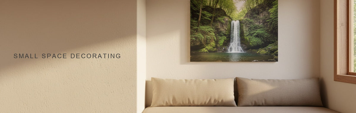 Small space decorating ideas in a tiny home living area: a tall narrow forest waterfall canvas beside a small window above a built in bench