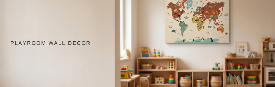 Playroom wall decor in a bright playroom with low shelves and a play mat under a colorful illustrated world map with animals