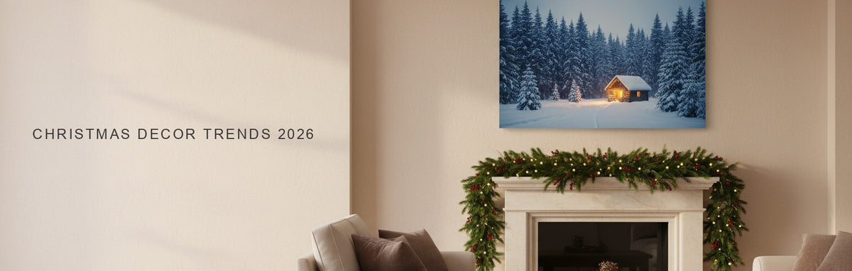 Christmas decor trends 2026 in a living room: green garland on the mantel and a snowy pine forest canvas at blue hour
