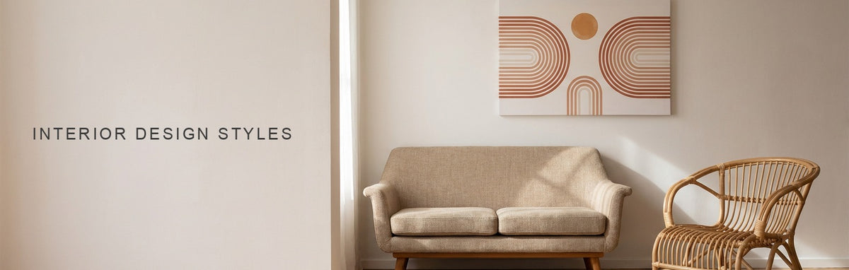 Interior design styles mixed in one living room: a rattan chair and mid century sofa under boho terracotta arches wall art