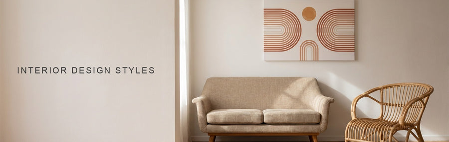 Interior design styles mixed in one living room: a rattan chair and mid century sofa under boho terracotta arches wall art