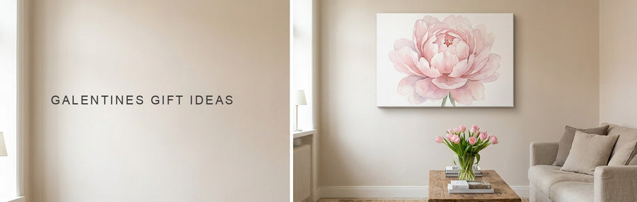 Galentines gift ideas in a bright apartment living room: a soft pink peony watercolor canvas with pink tulips on a coffee table