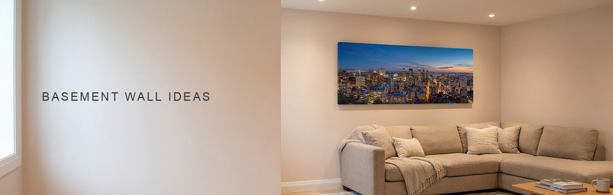 Basement wall ideas in a finished basement family room with a sectional sofa, recessed lights and a wide city skyline canvas at dusk