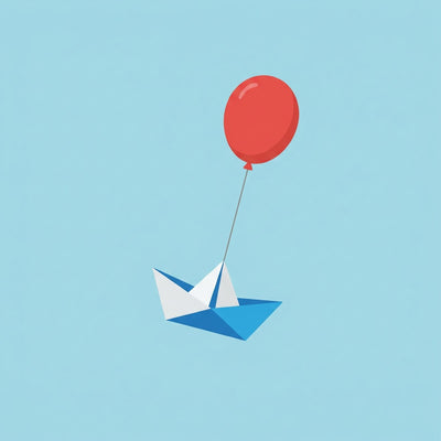 Business wall art, a paper boat lifted by a red balloon in a flat illustration