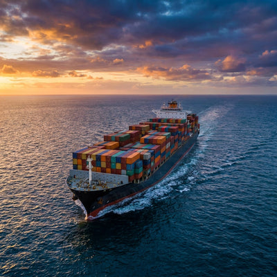 Cargo ship wall art, a container ship loaded with stacked containers crossing open water at sunset