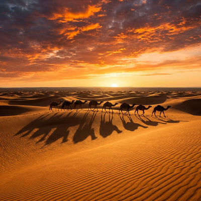Desert wall art, a camel caravan crossing a rippled golden sand dune ridge at sunset under a glowing orange sky