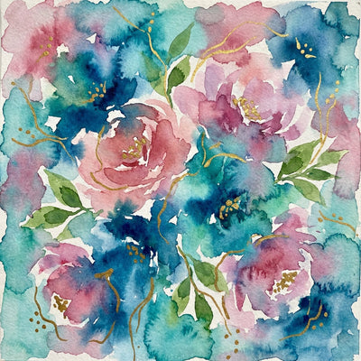 Floral abstract wall art, overlapping blue, teal and pink watercolor blooms with thin gold accents and green leaf shapes