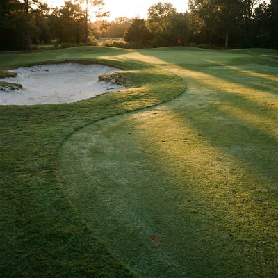 Golf course wall art, a mown fairway curving past a pale sand bunker to a green with a red flag in low golden light