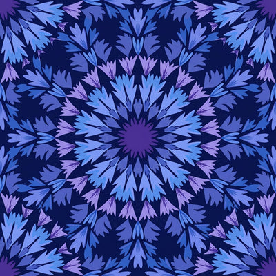 Mandala wall art, a symmetrical blue cornflower mandala with petals repeating in rings around a dark violet center