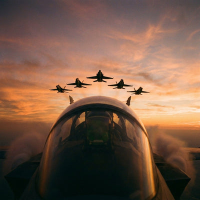 Military wall art, five fighter jets flying in tight formation across a sunset sky