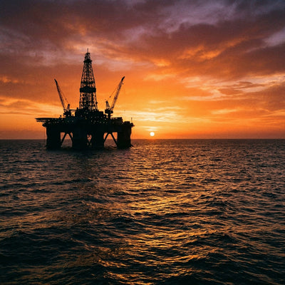 Oilfield wall art, an offshore oil rig silhouetted at sunset over open water