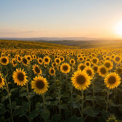 Sunflower wall art, a field of sunflowers at golden hour with backlit yellow petals and a low sun
