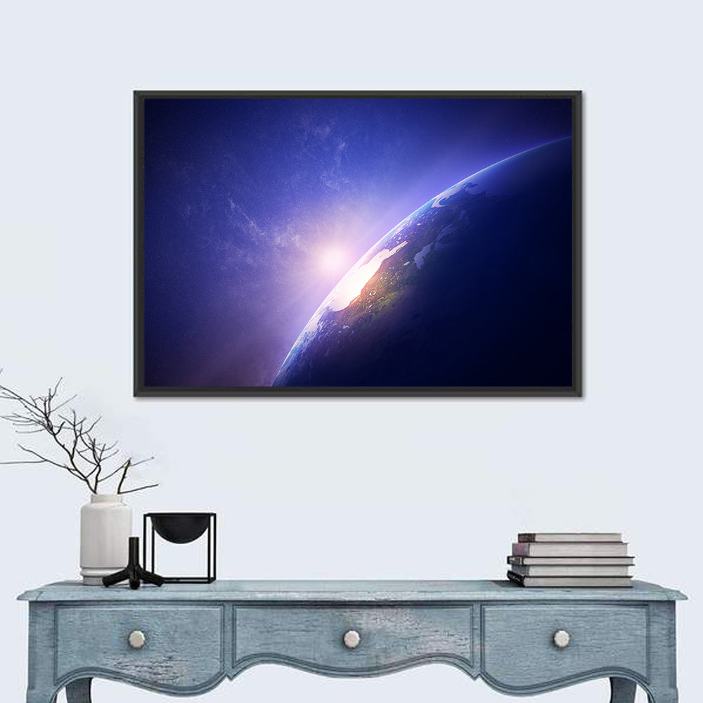 Glowing Sunrise Over North America Wall Art in a room, landscape