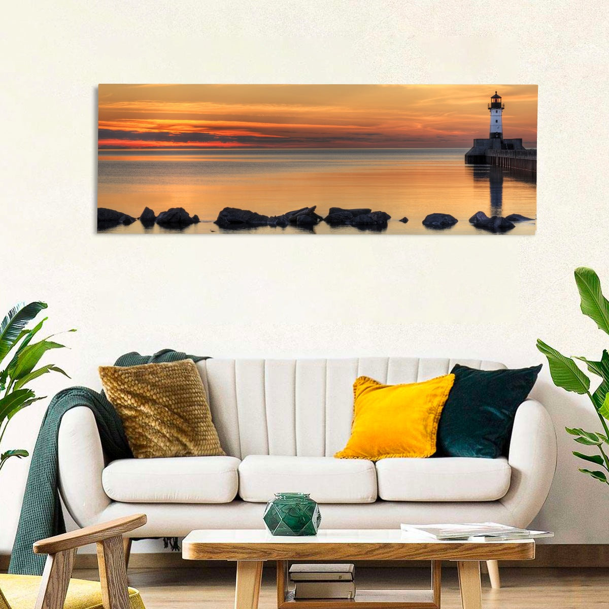 Duluth North Pier Lighthouse Sunset Wall Art in a room, panoramic