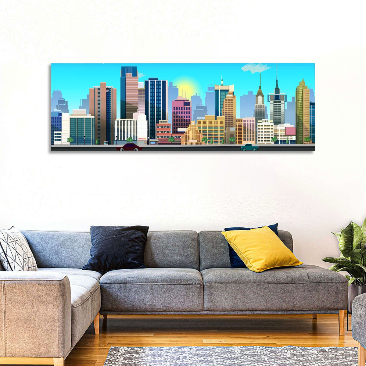 Geometric City Skyline with Sun Flare Wall Art in a room, panoramic