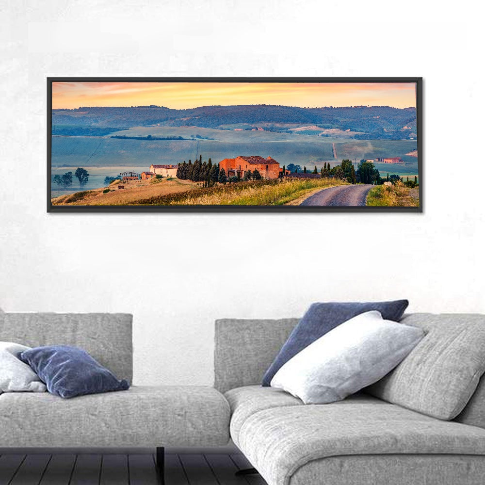Tuscan Country Road Wall Art in a room, panoramic
