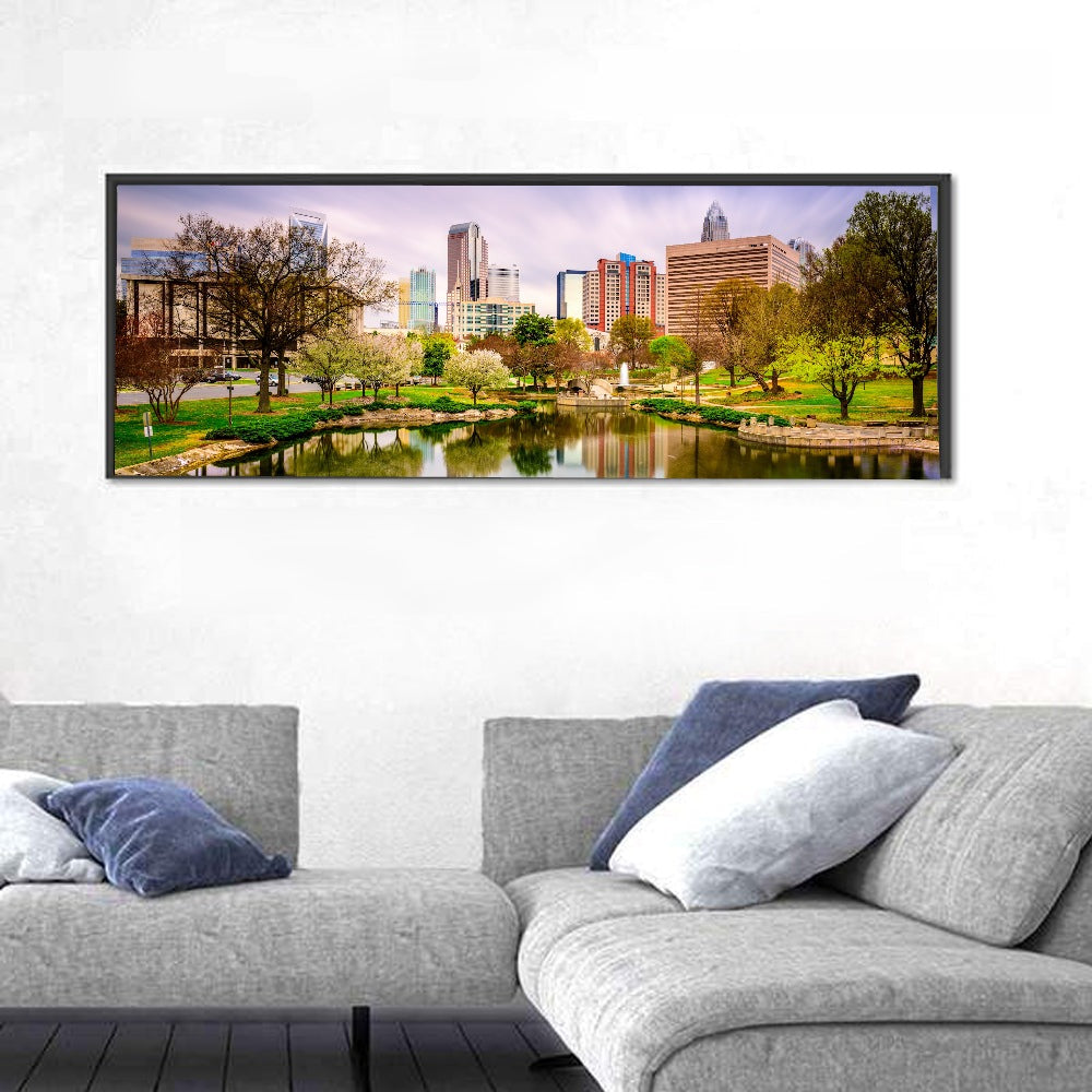 Charlotte Skyline at Marshall Park Wall Art in a room, panoramic