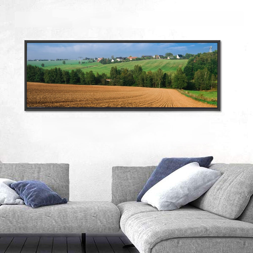 Kansas Wheat Fields Wall Art in a room, panoramic