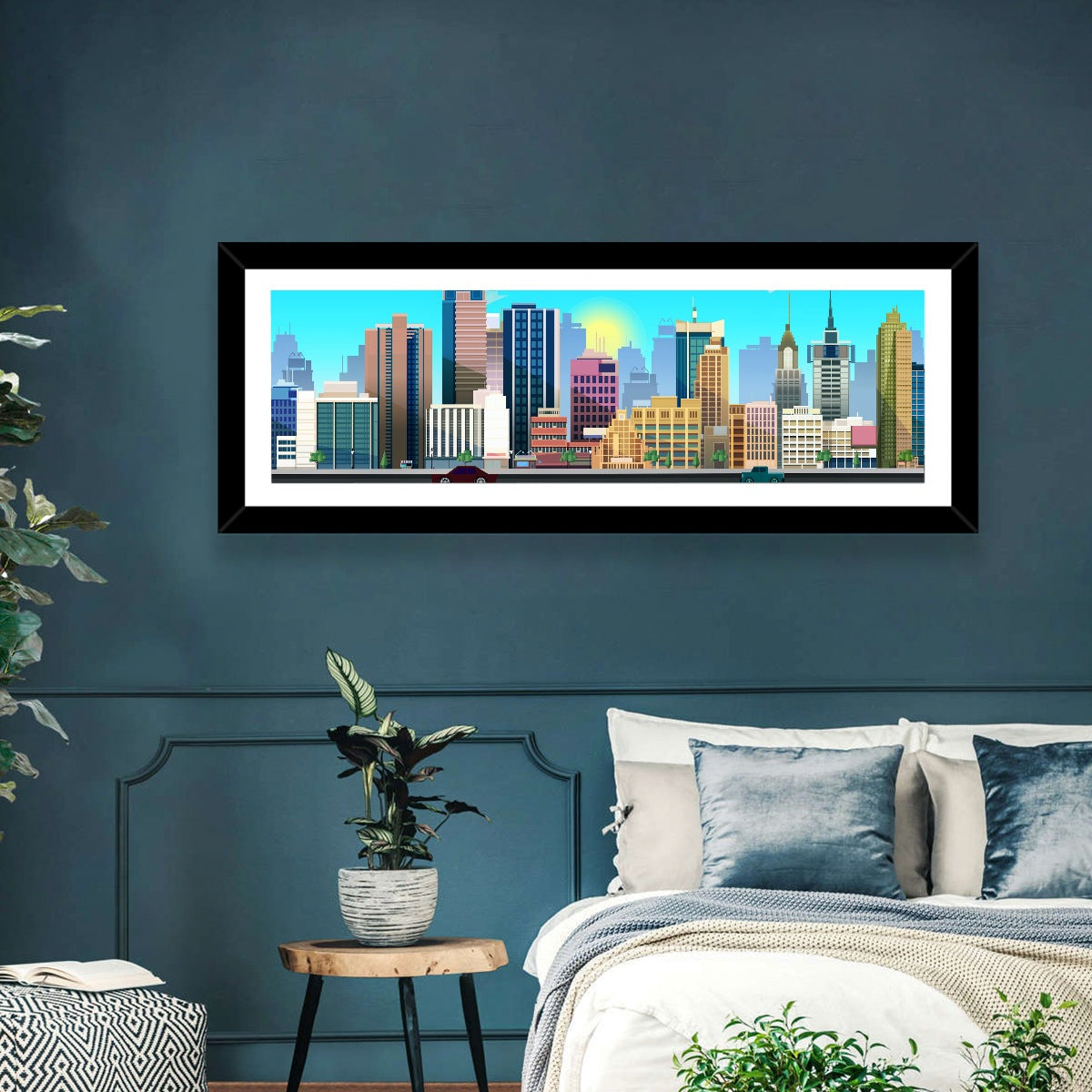 Geometric City Skyline with Sun Flare Wall Art in a room, panoramic