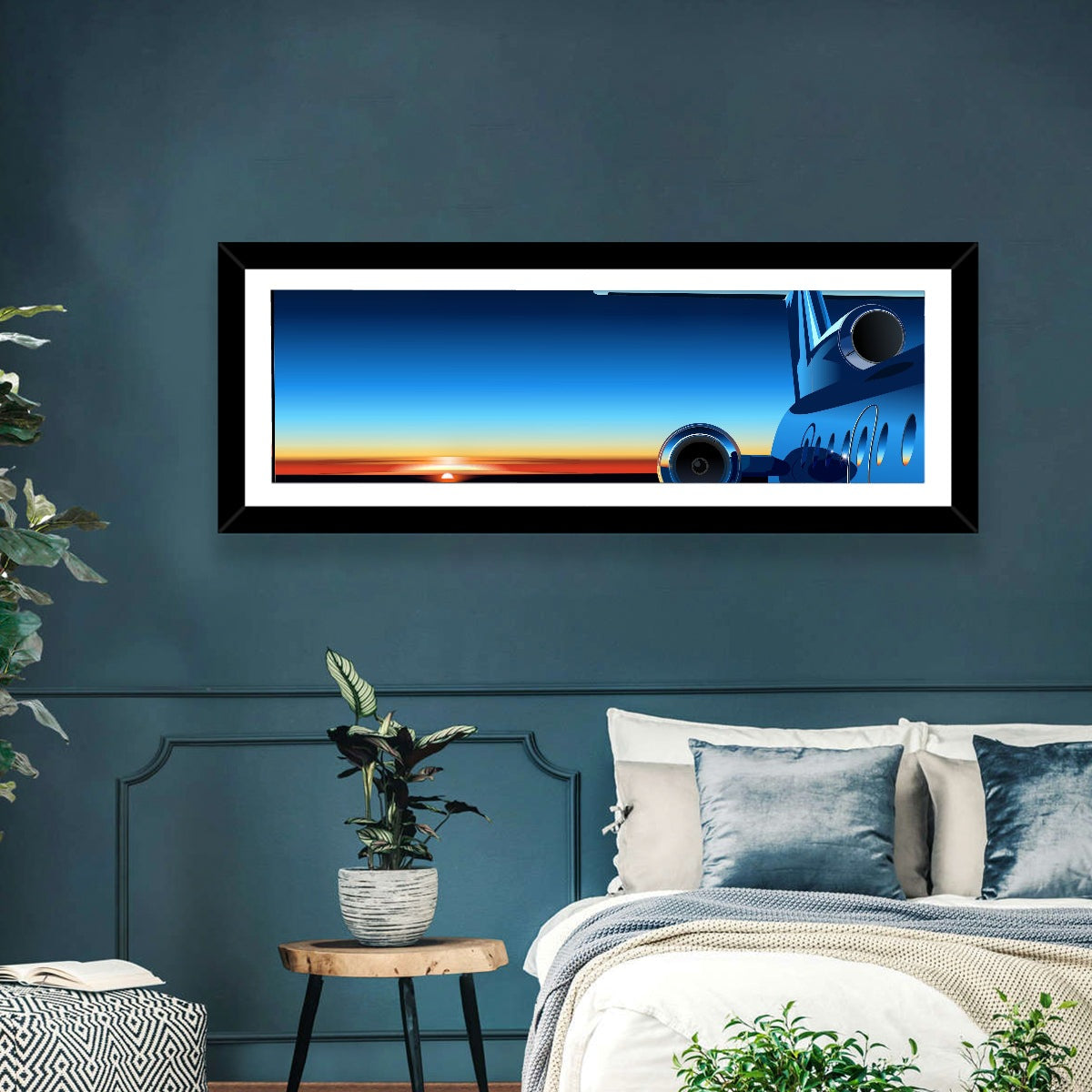 Private Jet Sunrise Wall Art in a room, panoramic