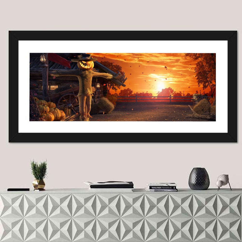 Glowing Pumpkin Scarecrow at Dusk Wall Art in a room, panoramic