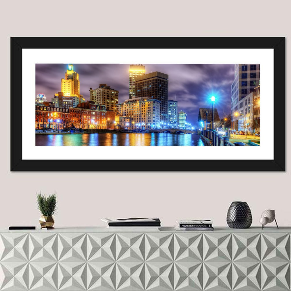 Providence River Night Skyline Wall Art in a room, panoramic