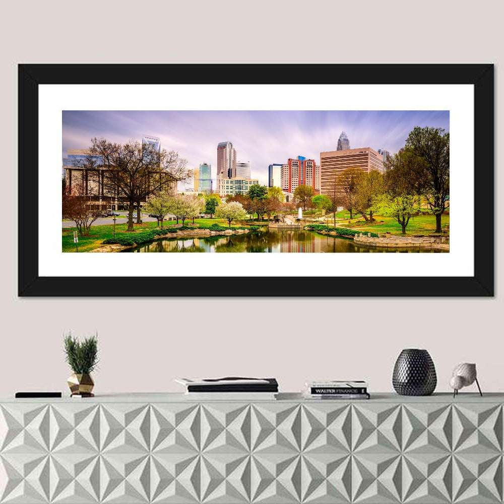Charlotte Skyline at Marshall Park Wall Art in a room, panoramic