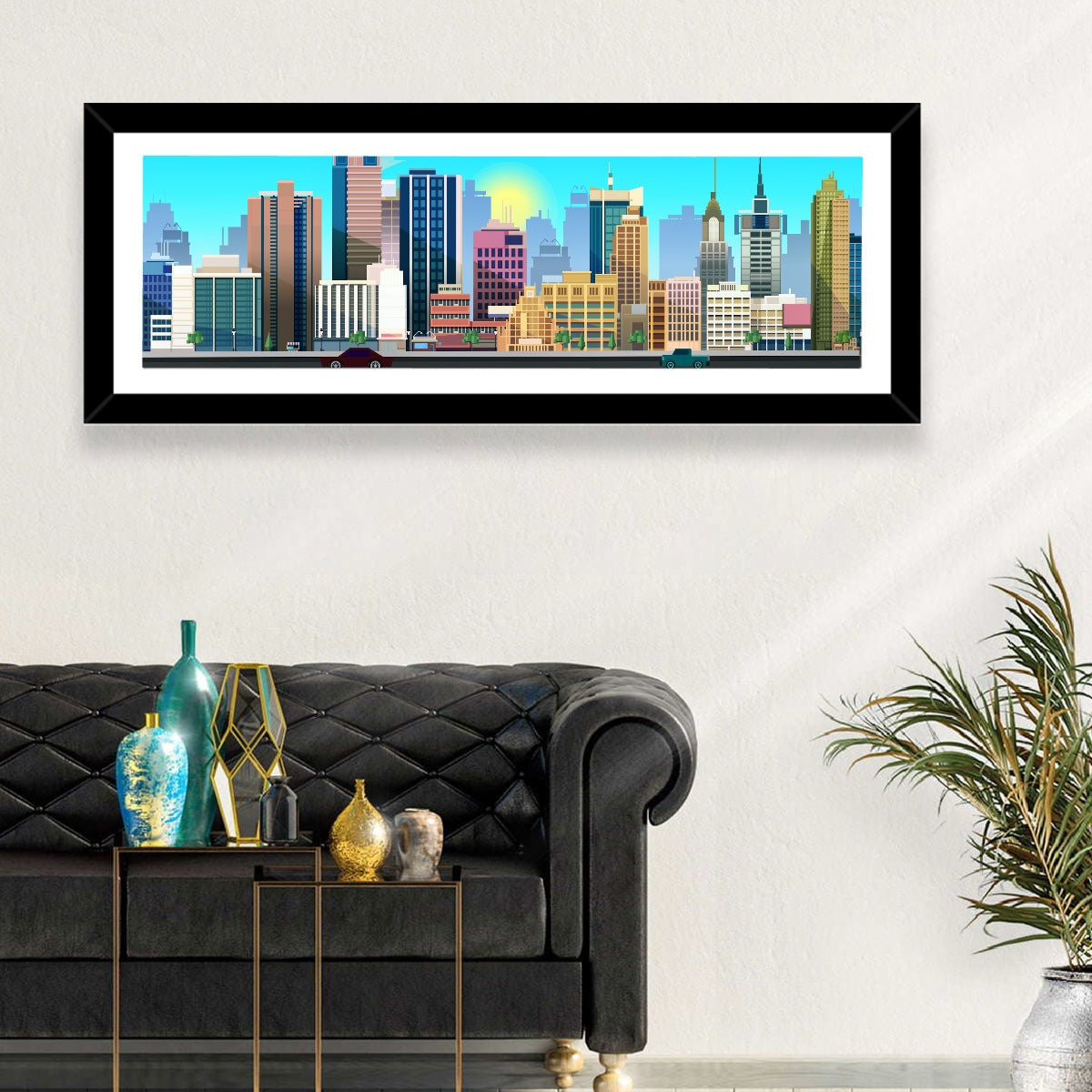 Geometric City Skyline with Sun Flare Wall Art in a room, panoramic