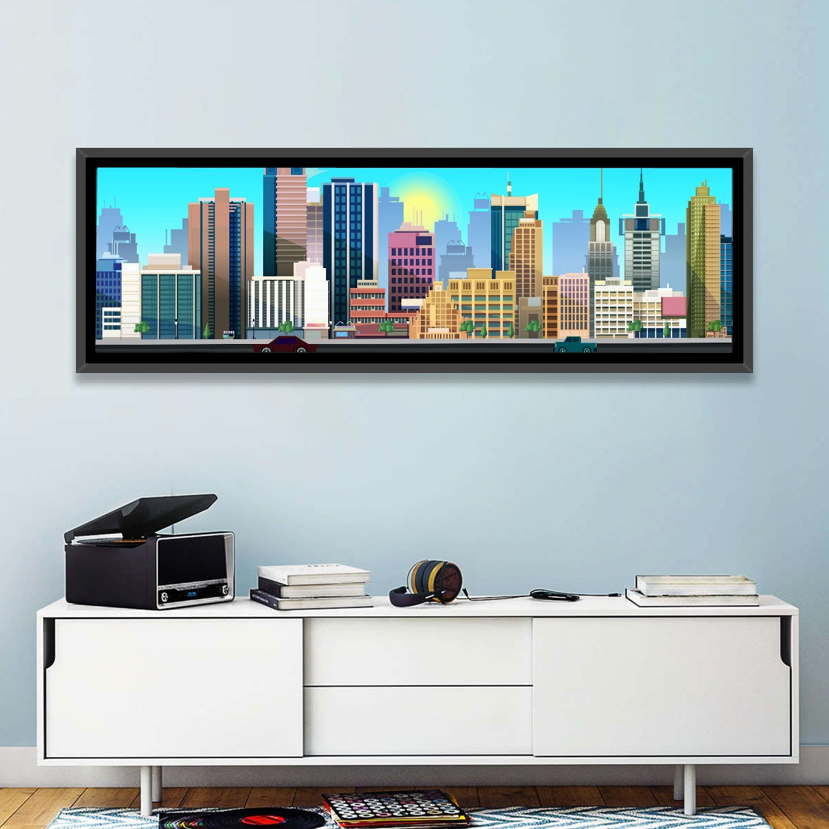 Geometric City Skyline with Sun Flare Wall Art in a room, panoramic