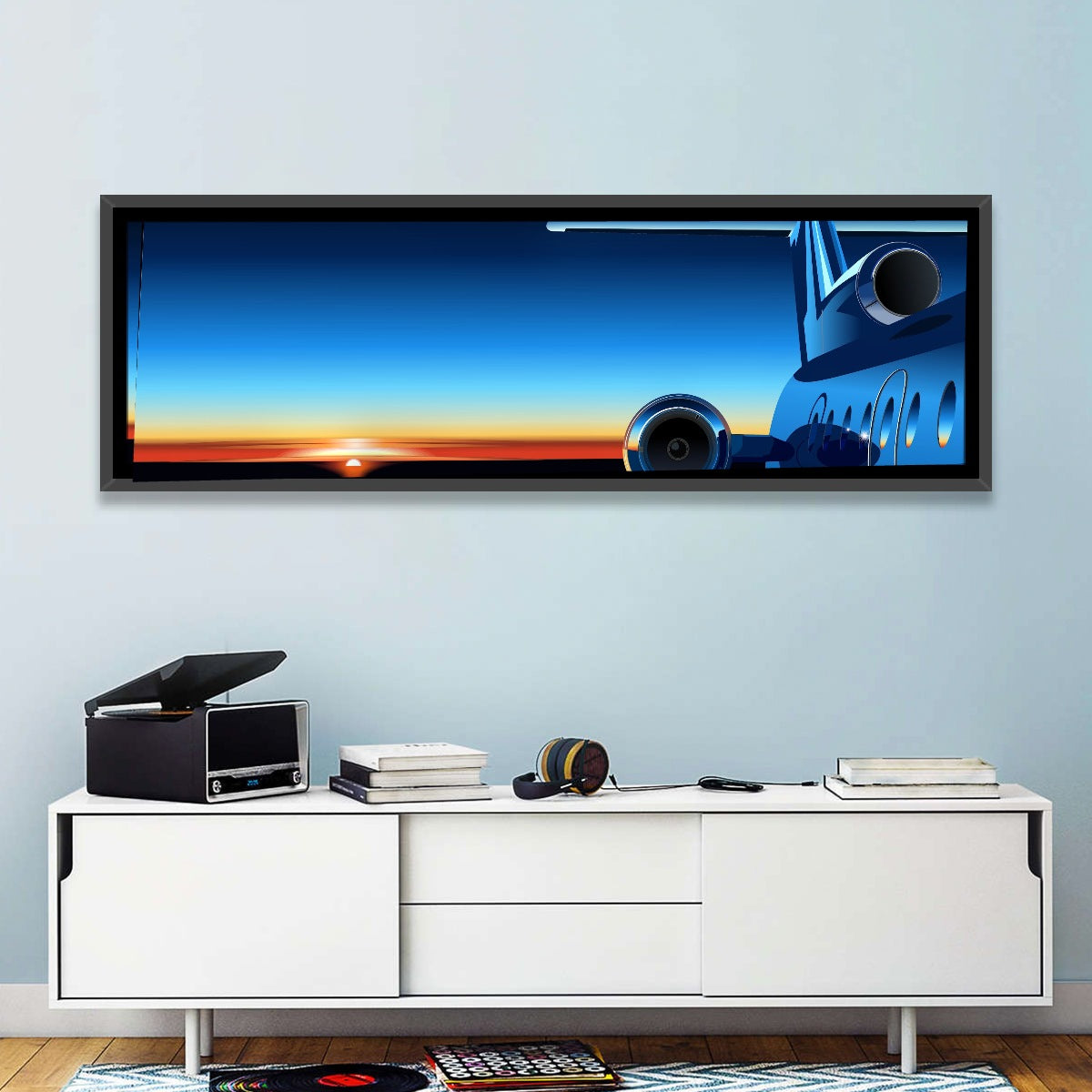 Private Jet Sunrise Wall Art in a room, panoramic