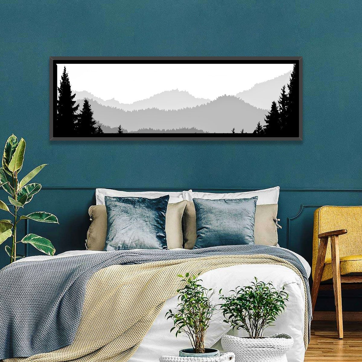 Foggy Mountain Silhouettes Wall Art in a room, panoramic