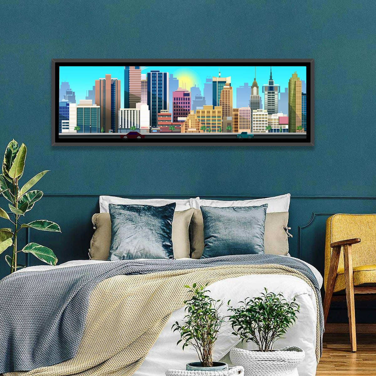 Geometric City Skyline with Sun Flare Wall Art in a room, panoramic