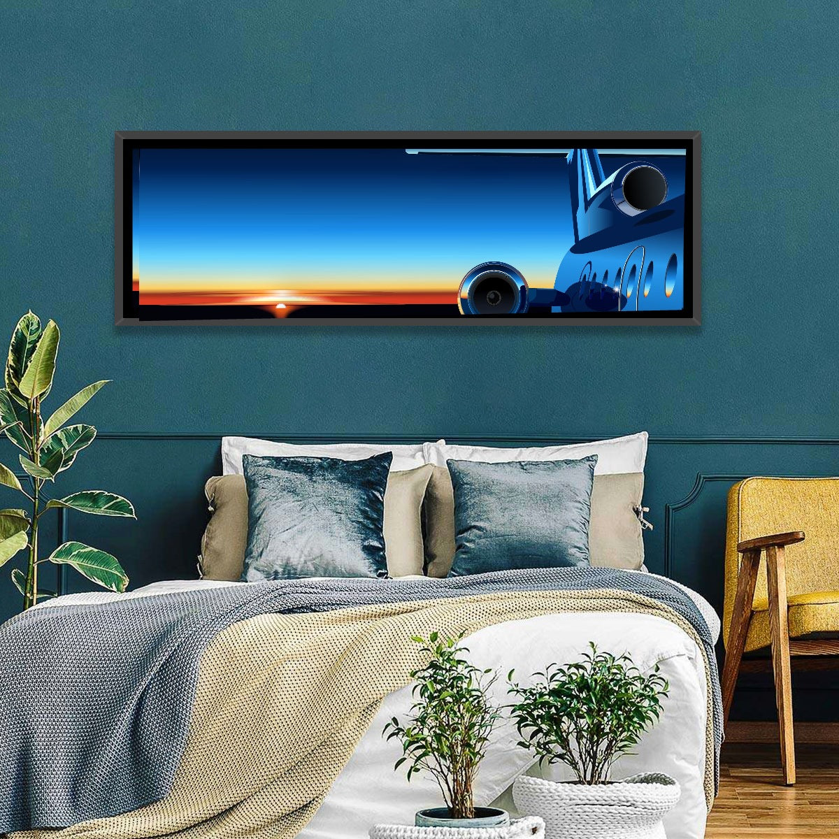 Private Jet Sunrise Wall Art in a room, panoramic